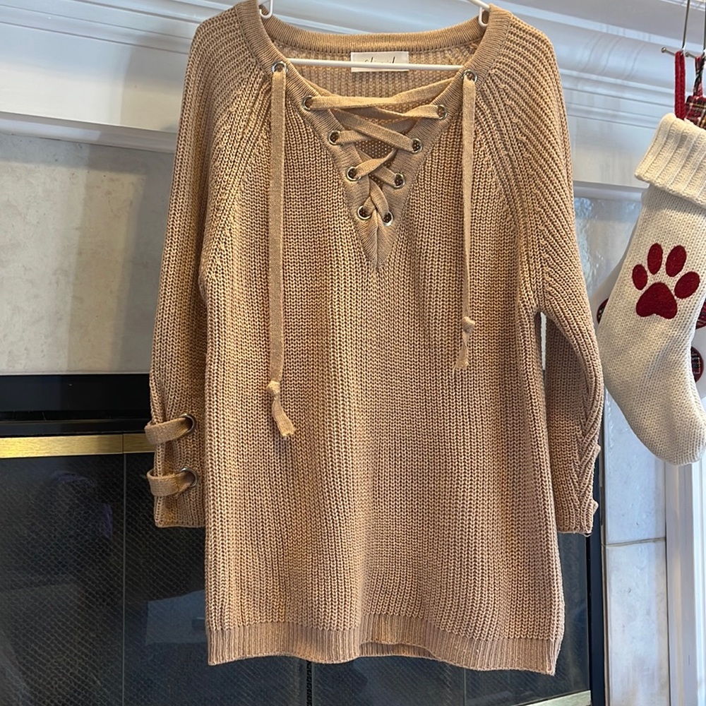 Tan ChicWish Lace-Up Sweater